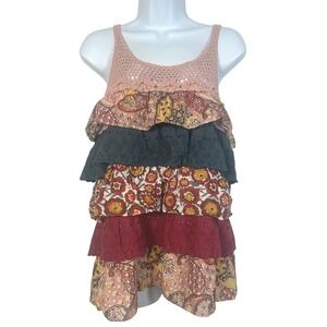 Lulumari‎ Y2K Tiered Crochet Tank Top Size Medium Boho Floral Festival Cotton